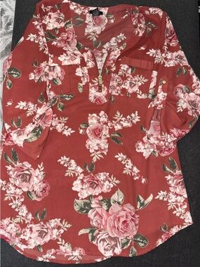 Rue21 Rose-Print Zip Front Blouse in Rust and Pink